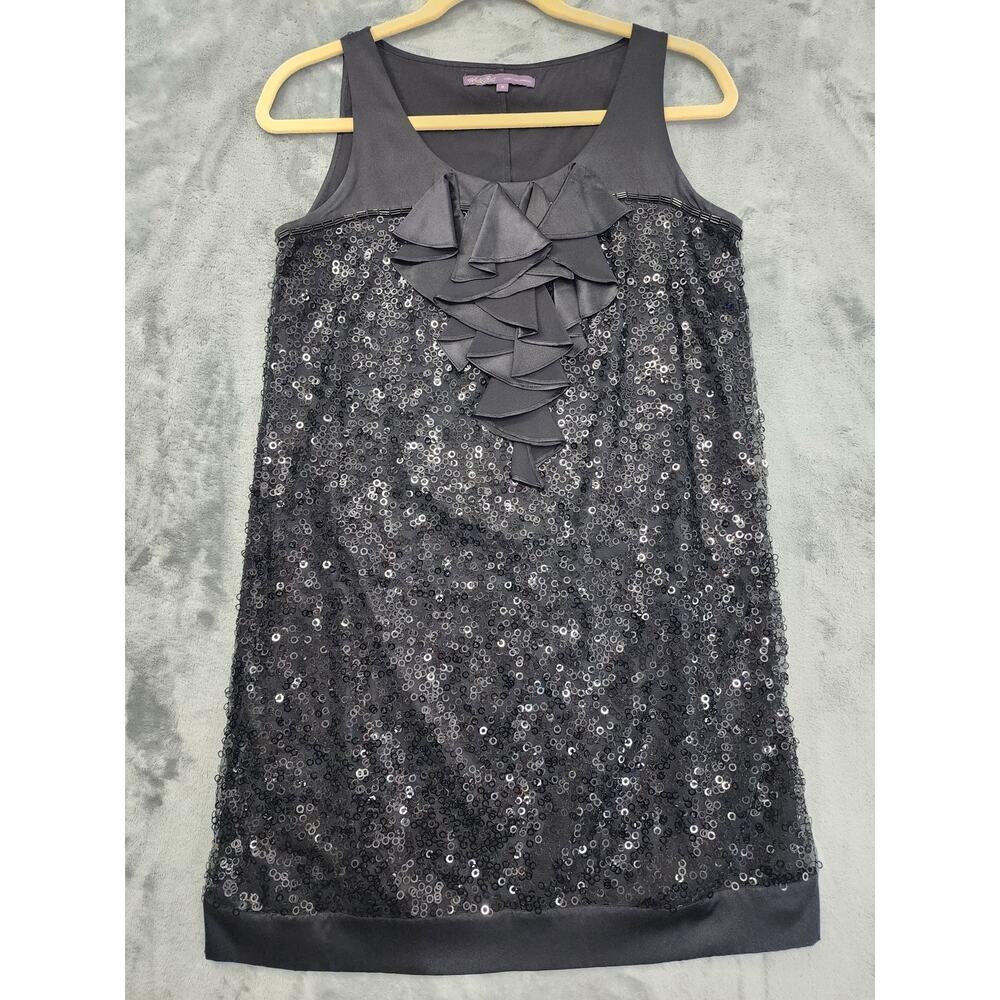 Hale Bob Dress Womens S Black Silk Ruffled Lined Sequin Sleeveless Shift Party